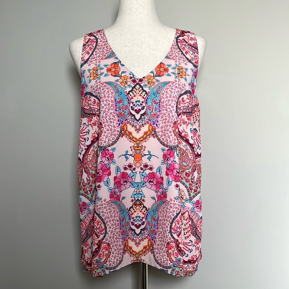 Tabitha Webb Sleeveless Blouse Tank‎ Crepe Pink Paisley Floral Size Large